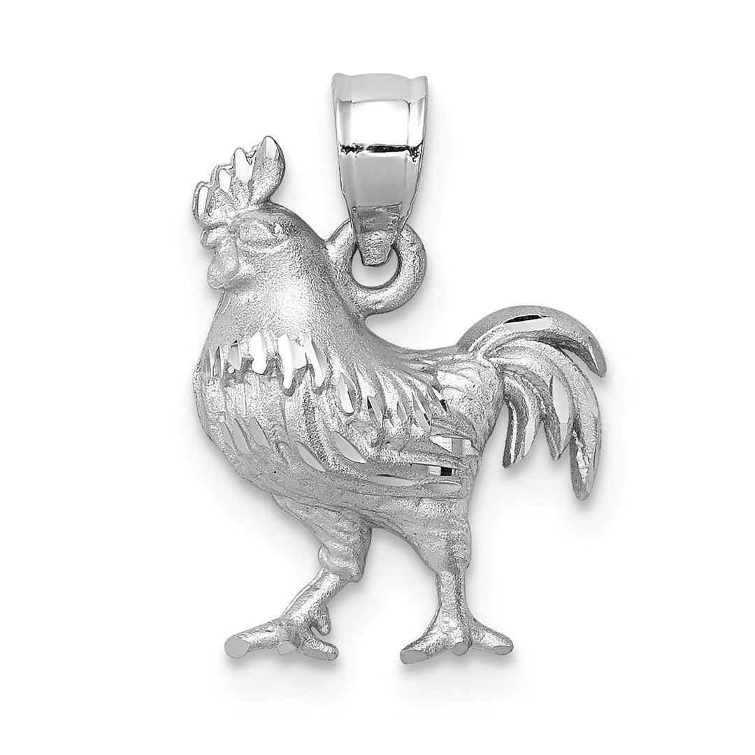14K White Gold Open Back Brushed Diamond Cut Finish Solid Rooster Charm Pendant