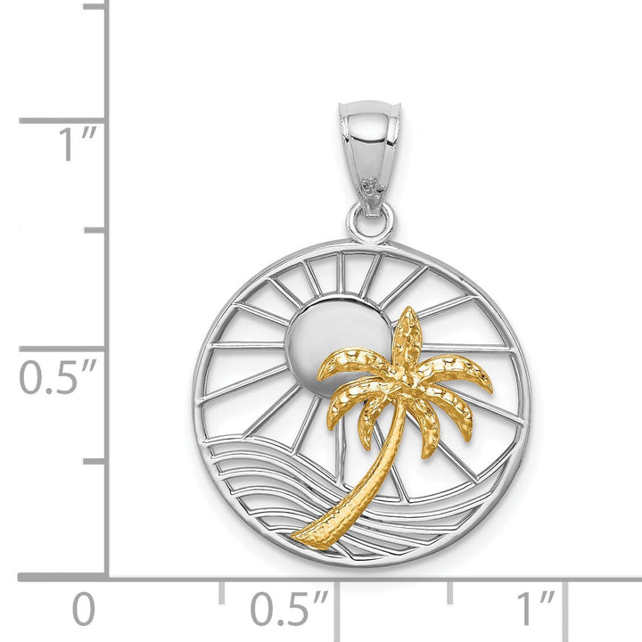 14K Two Tone Gold Solid Polished Finish Sunset with Palm Tree In Circle Design Charm Pendant
