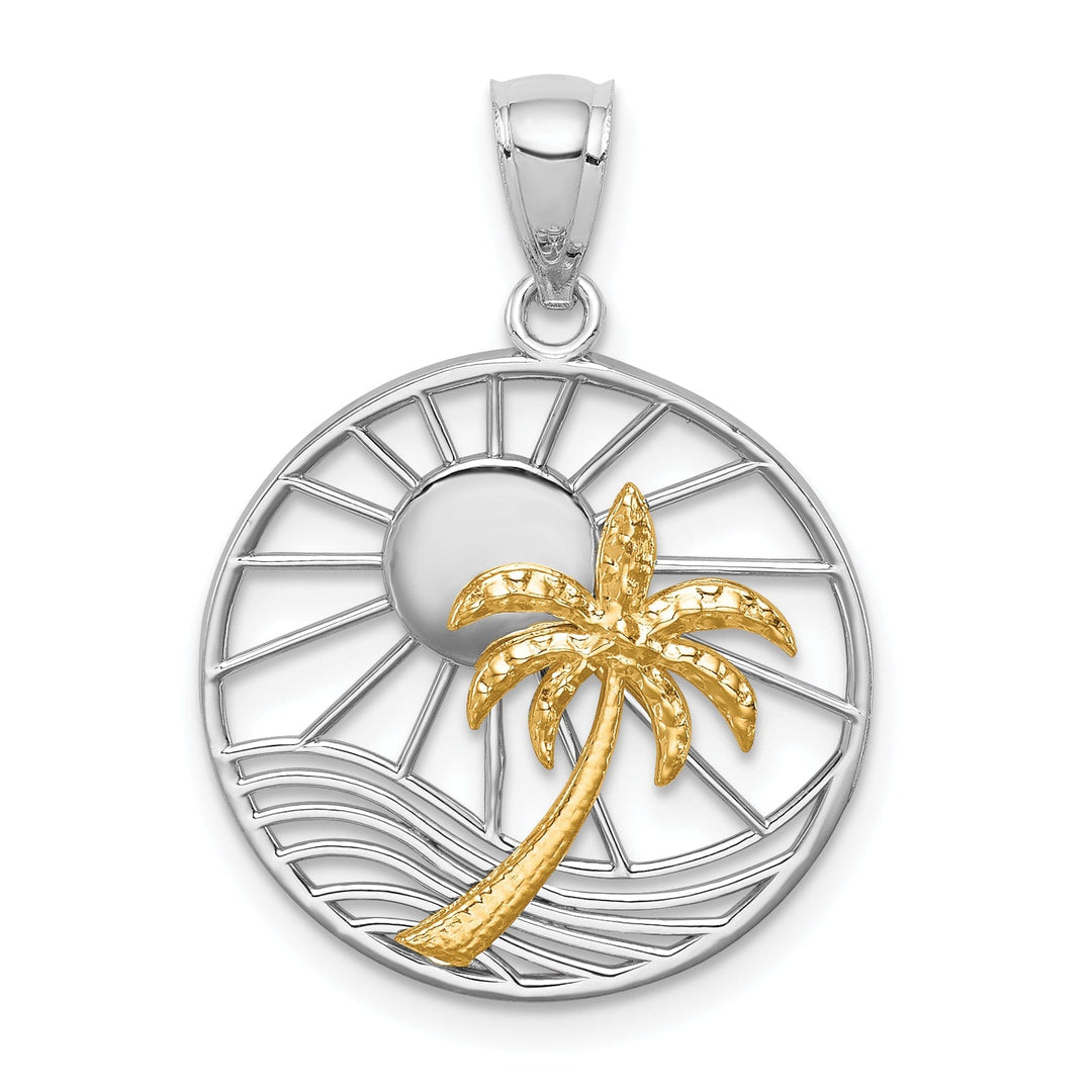 14K Two Tone Gold Solid Polished Finish Sunset with Palm Tree In Circle Design Charm Pendant