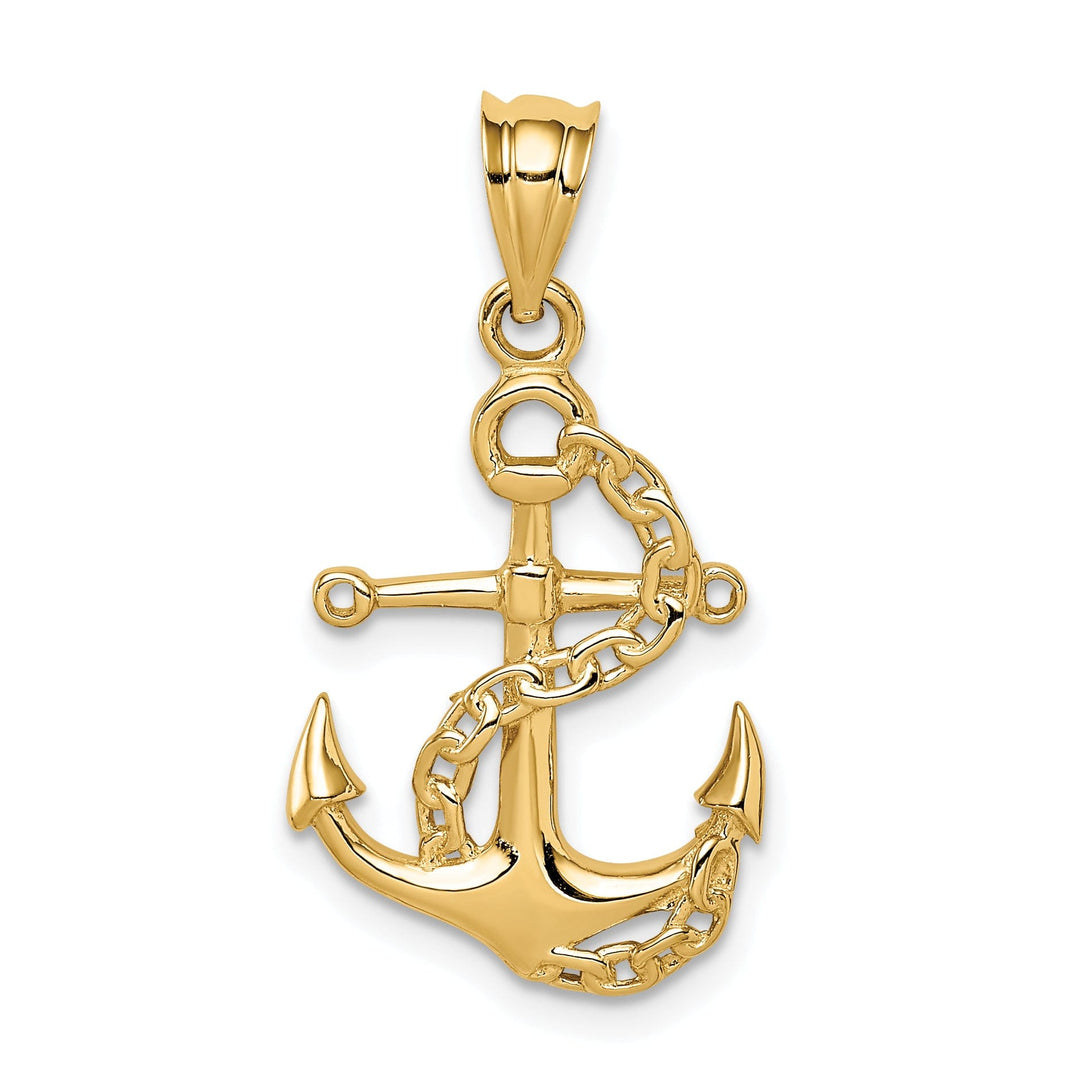 14K Yellow Gold Polished Finished Soild Anchor and Chain Design Charm Pendant