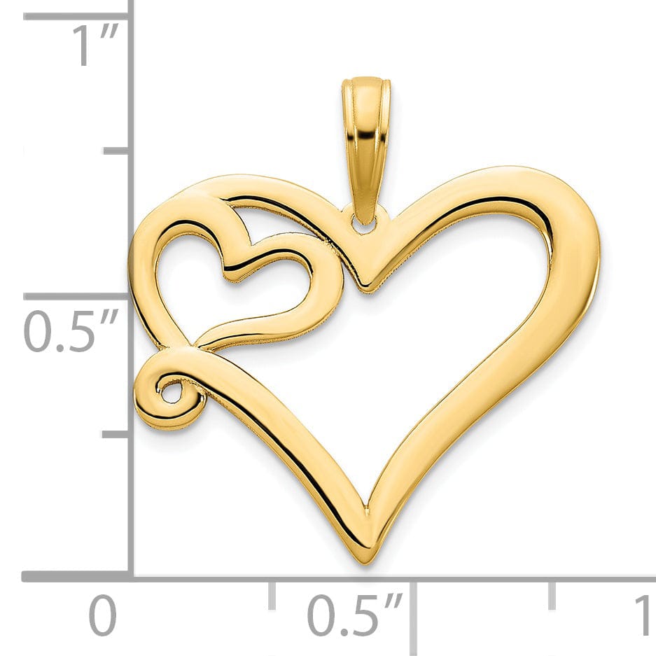 14k Yellow Gold Polished Finish Women's Flat Back Heart in a Heart Swirl Shape Design Charm Pendant