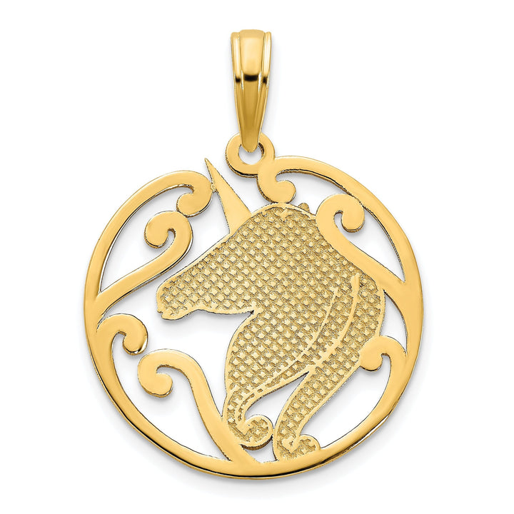14k Yellow Gold Textured Polished Finish Unicorn in a Circle Design Womens Charm Pendant