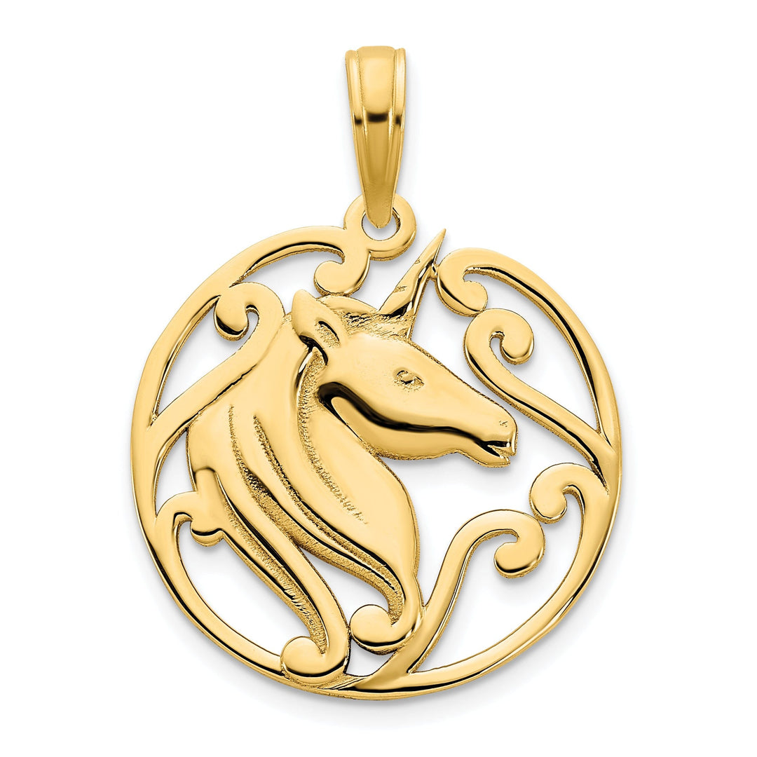 14k Yellow Gold Textured Polished Finish Unicorn in a Circle Design Womens Charm Pendant