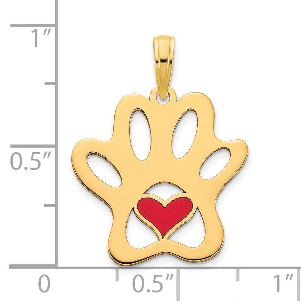 14k Yellow Gold Open Back Polished Epoxy Finish Paw Print with Heart Charm Pendant