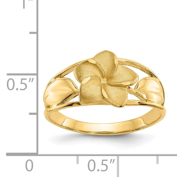 14k Yellow Gold Satin, Diamond Cut Plumeria Ring