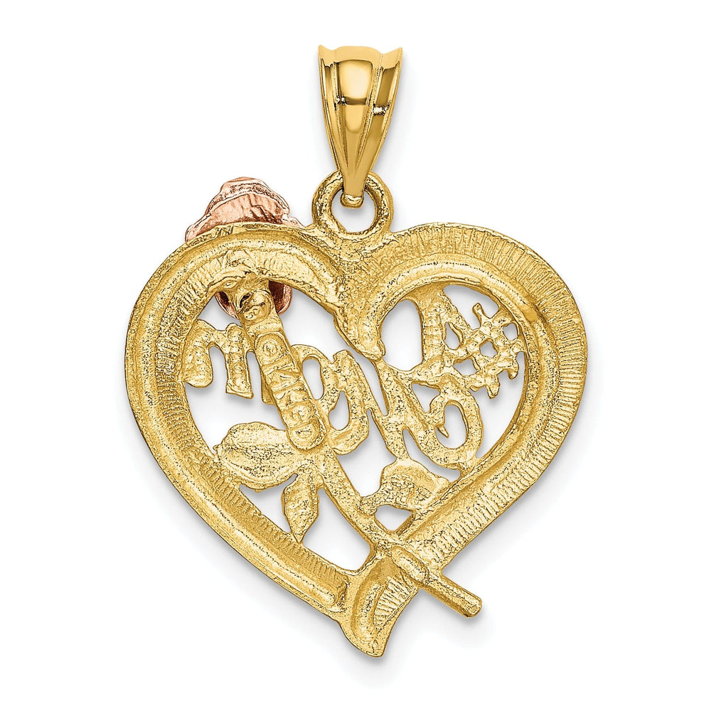 14k Two-Tone Gold, White Rhodium Textured Polished Finish Solid #1 Mom with Rose in Heart Shape Design Charm Pendant
