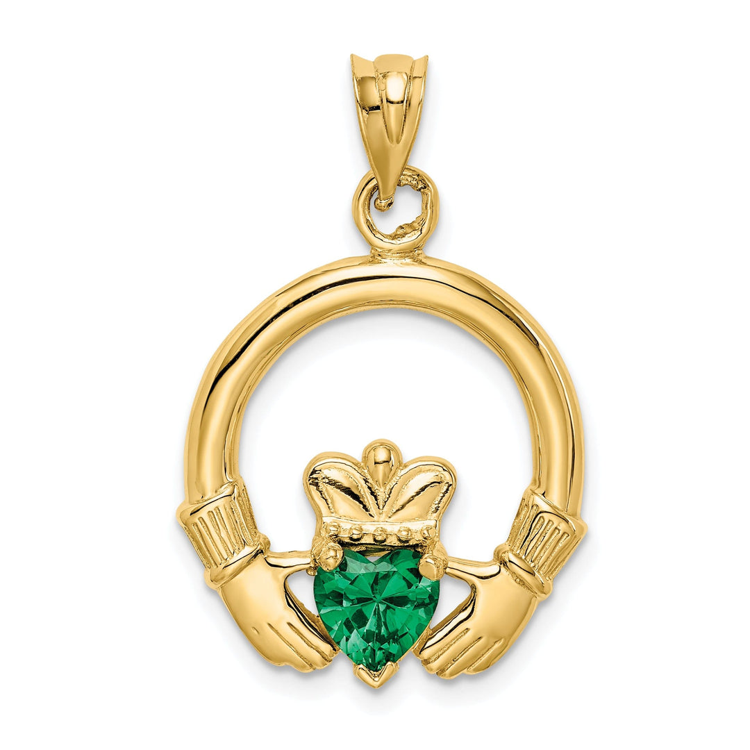 14k Yellow Gold Open Back Polished Finish Claddagh with Green Cubic Zirconia Stone Charm Pendant