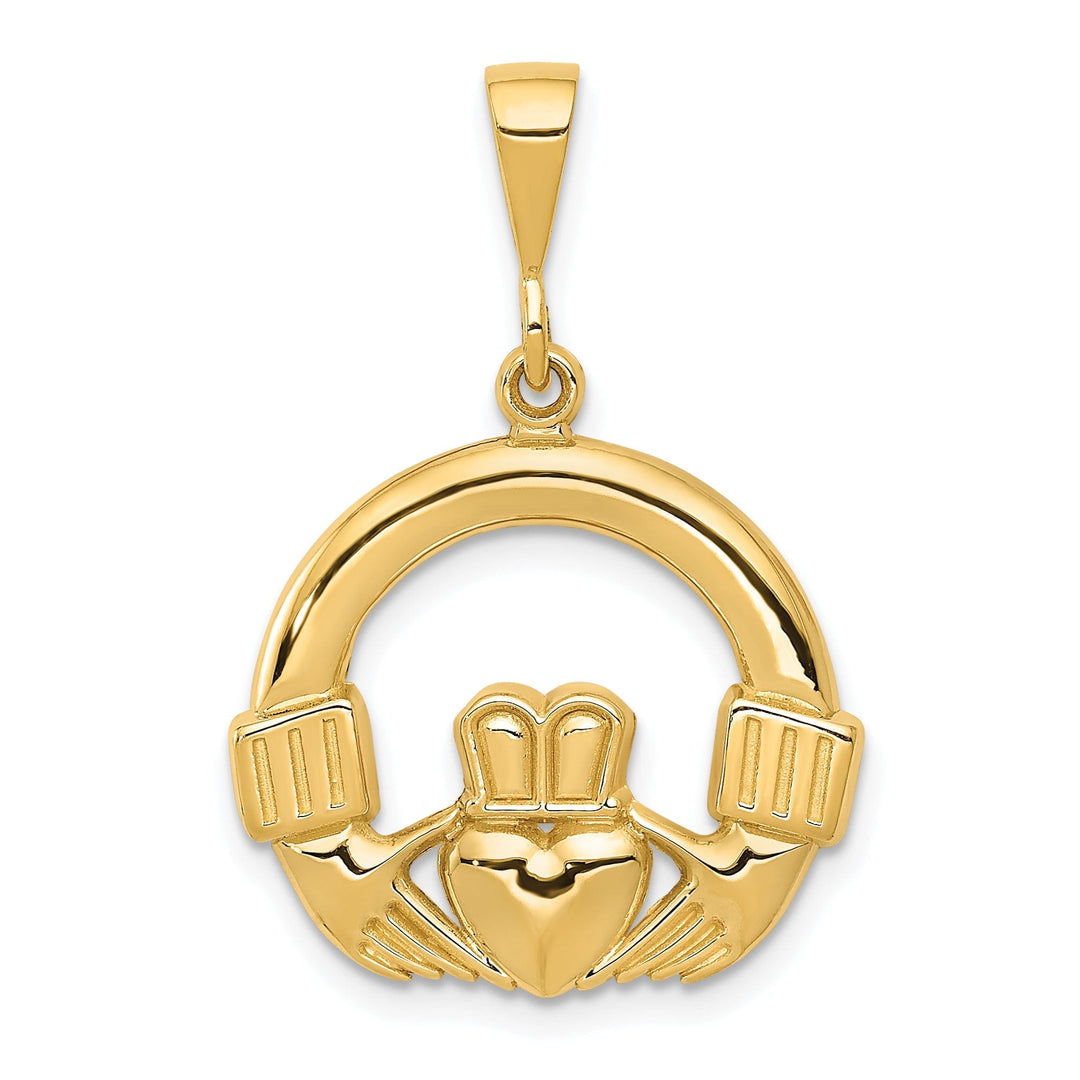14k Yellow Gold Solid Textured Back Polished Finish Claddagh Design Charm Pendant