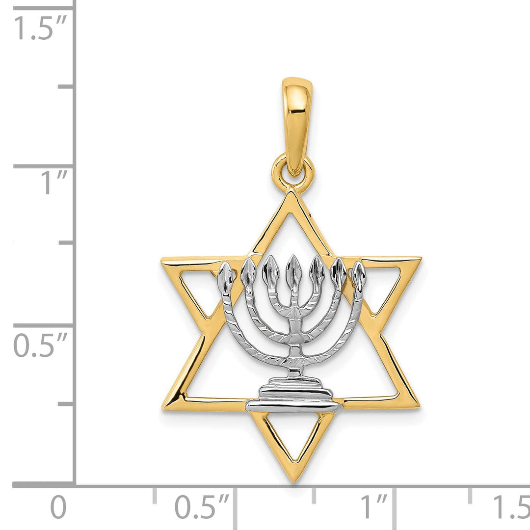 14K Yellow Gold Solid Polished Finish Menorah In Star Of David Pendant