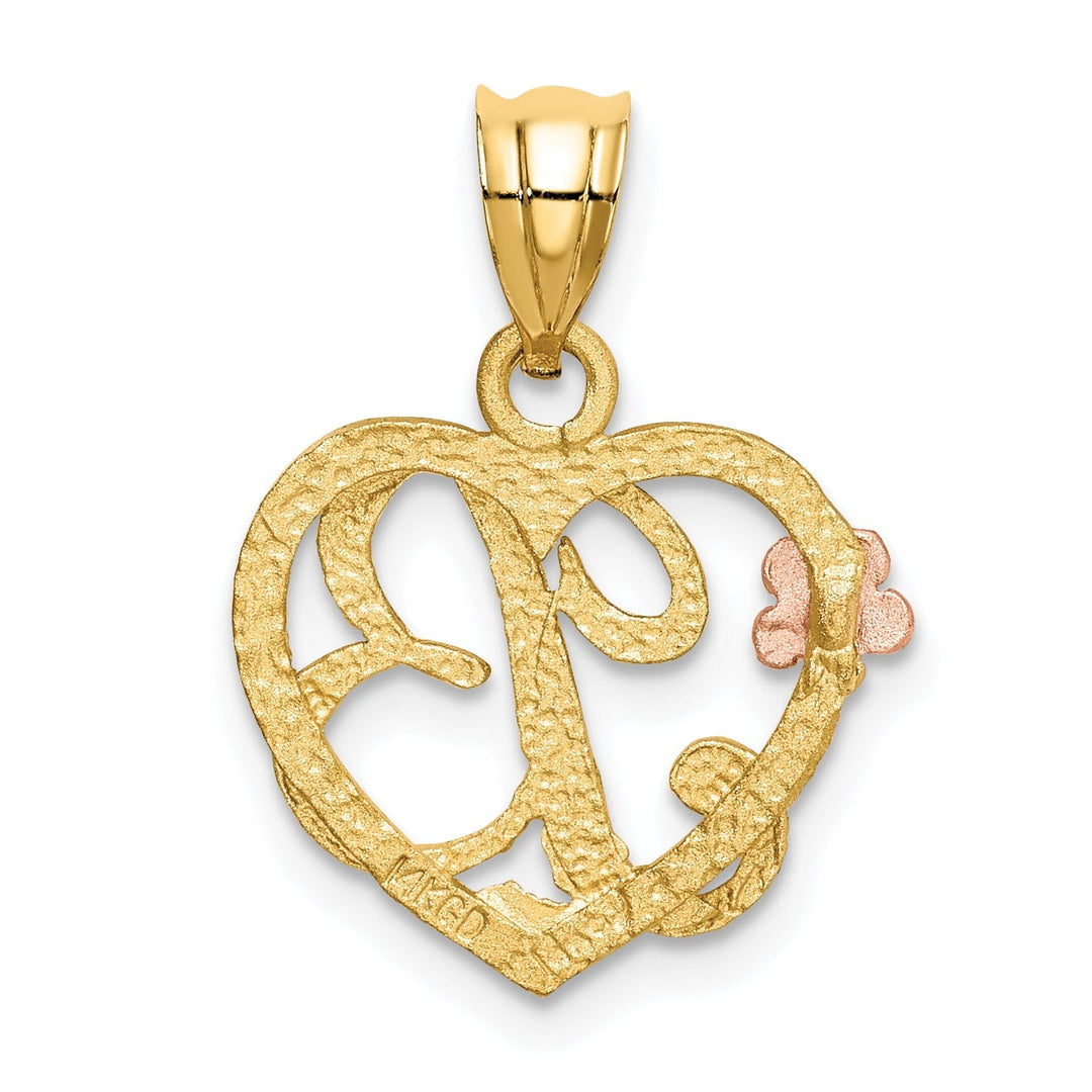 14k Two Tone Gold Heart Flower Design Script Letter B Initial Charm Pendant