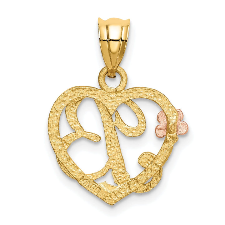 14k Two Tone Gold Heart Flower Design Script Letter B Initial Charm Pendant