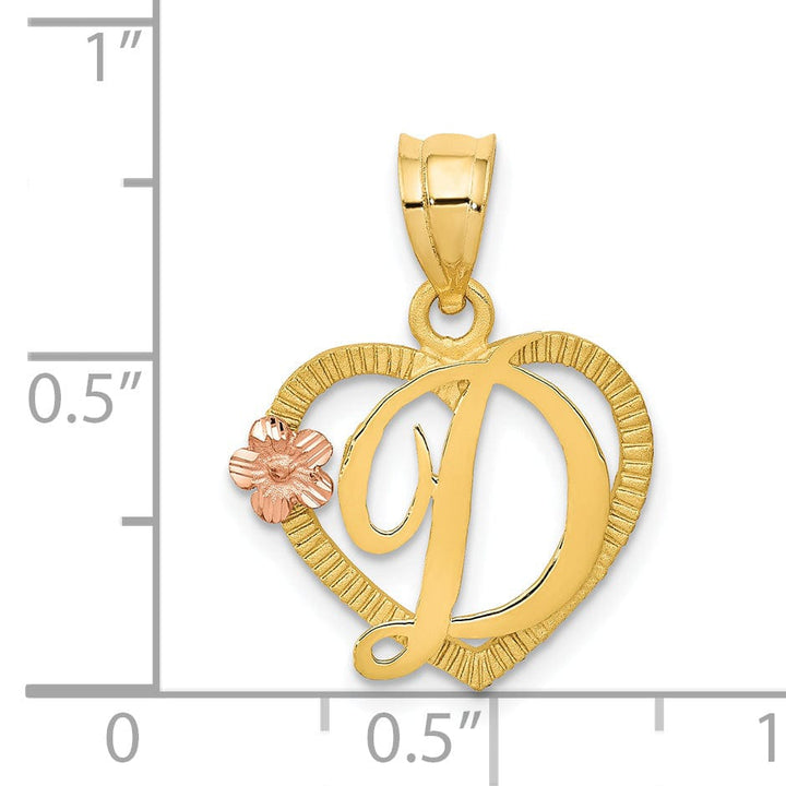 14k Two Tone Gold Heart Flower Design Script Letter D Initial Charm Pendant