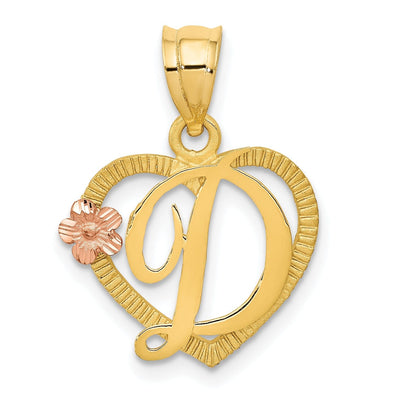 14k Two Tone Gold Heart Flower Design Script Letter D Initial Charm Pendant
