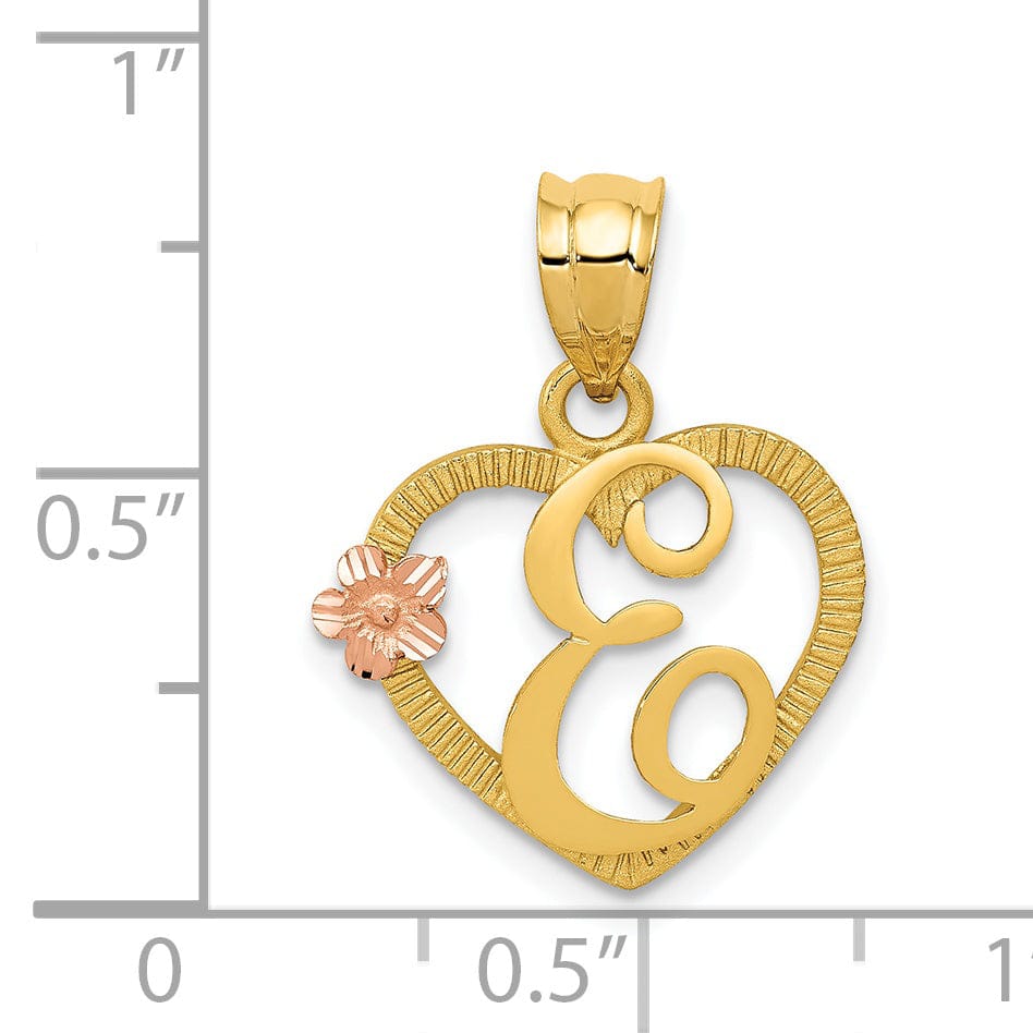 14k Two Tone Gold Heart Flower Design Script Letter E Initial Charm Pendant