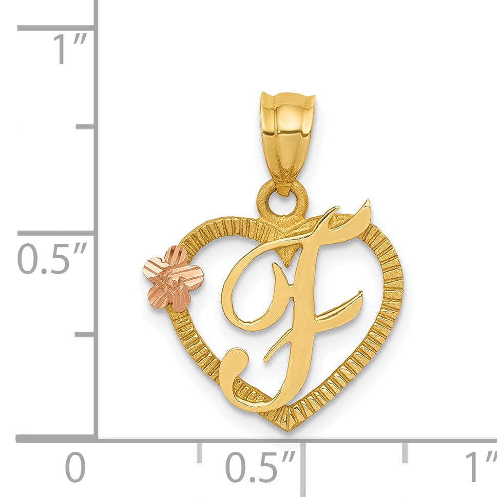 14k Two Tone Gold Heart Flower Design Script Letter F Initial Charm Pendant