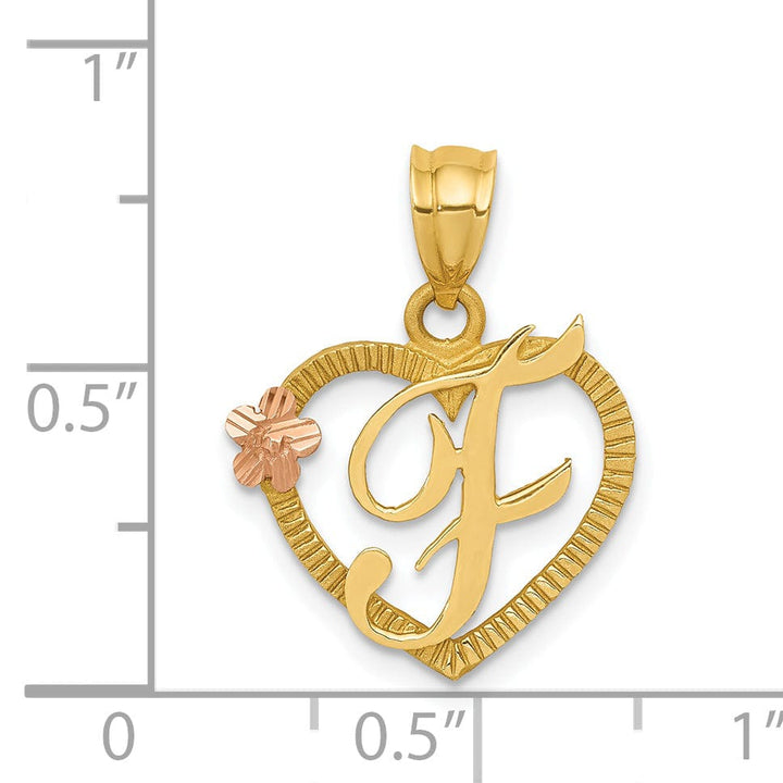14k Two Tone Gold Heart Flower Design Script Letter F Initial Charm Pendant