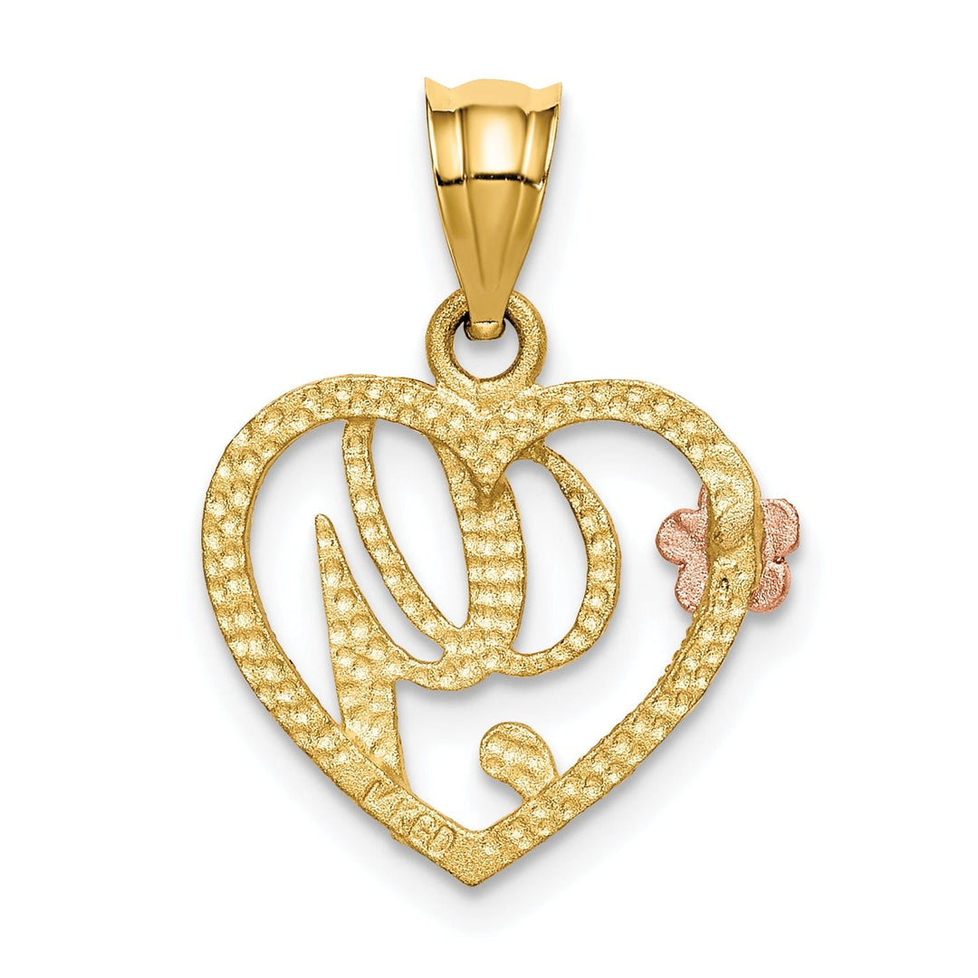 14k Two Tone Gold Heart Flower Design Script Letter G Initial Charm Pendant