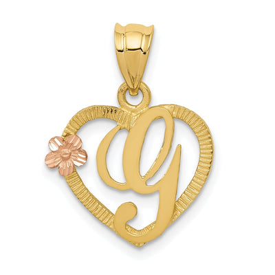 14k Two Tone Gold Heart Flower Design Script Letter G Initial Charm Pendant