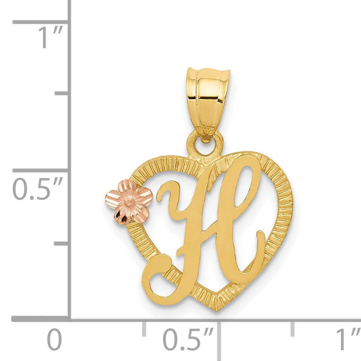 14k Two Tone Gold Heart Flower Design Script Letter H Initial Charm Pendant