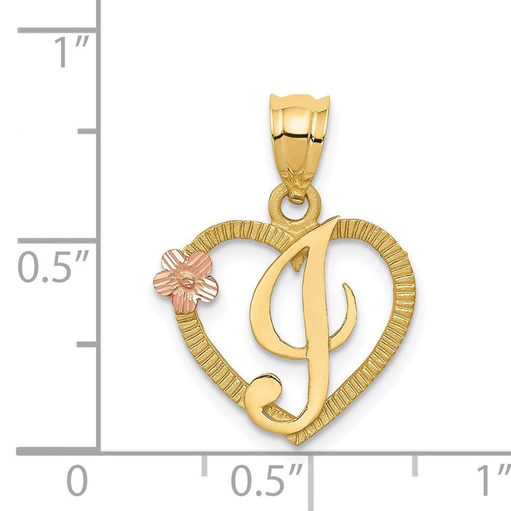 14k Two Tone Gold Heart Flower Design Script Letter I Initial Charm Pendant