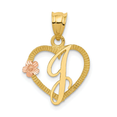 14k Two Tone Gold Heart Flower Design Script Letter J Initial Charm Pendant