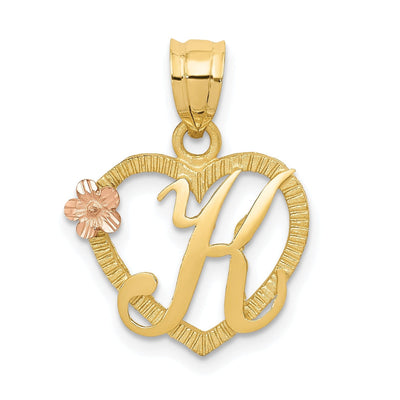 14k Two Tone Gold Heart Flower Design Script Letter K Initial Charm Pendant