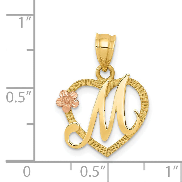 14k Two Tone Gold Heart Flower Design Script Letter M Initial Charm Pendant