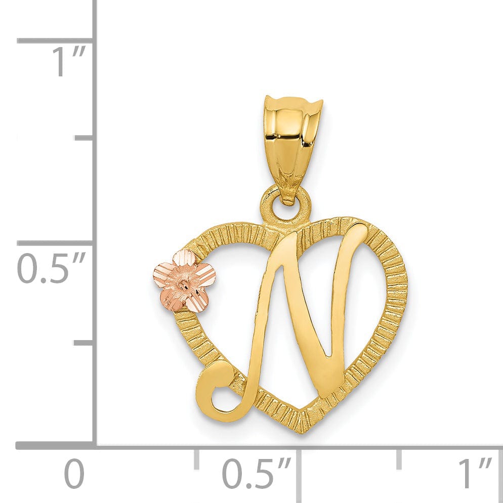 14k Two Tone Gold Heart Flower Design Script Letter N Initial Charm Pendant