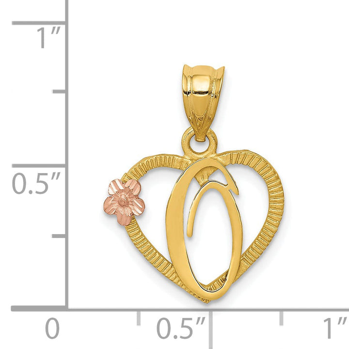 14k Two Tone Gold Heart Flower Design Script Letter O Initial Charm Pendant