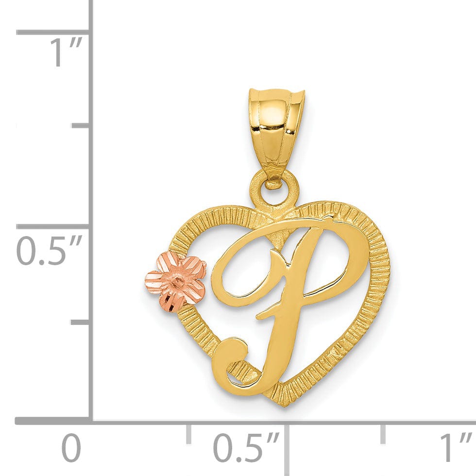 14k Two Tone Gold Heart Flower Design Script Letter P Initial Charm Pendant