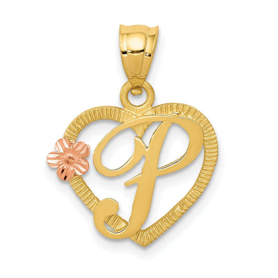 14k Two Tone Gold Heart Flower Design Script Letter P Initial Charm Pendant