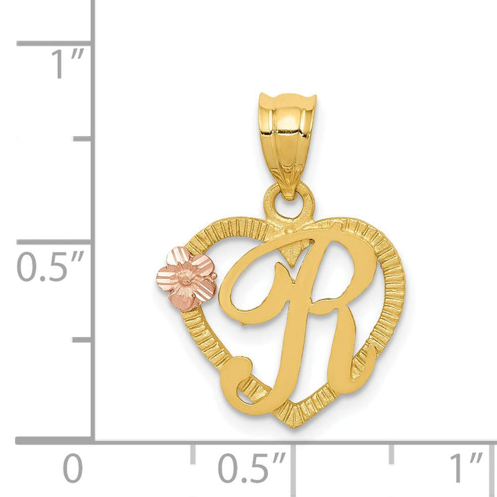 14k Two Tone Gold Heart Flower Design Script Letter R Initial Charm Pendant