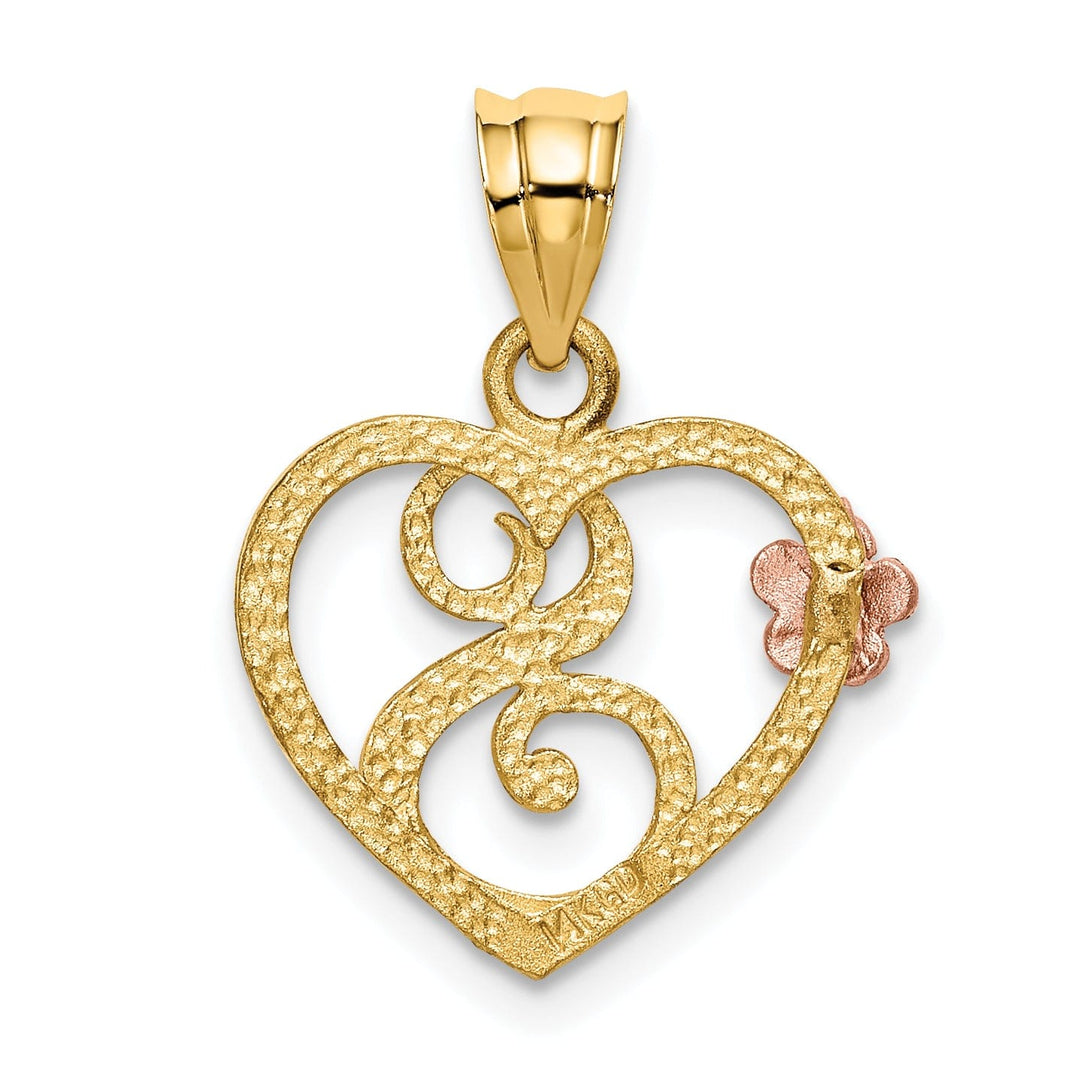 14k Two Tone Gold Heart Flower Design Script Letter S Initial Charm Pendant