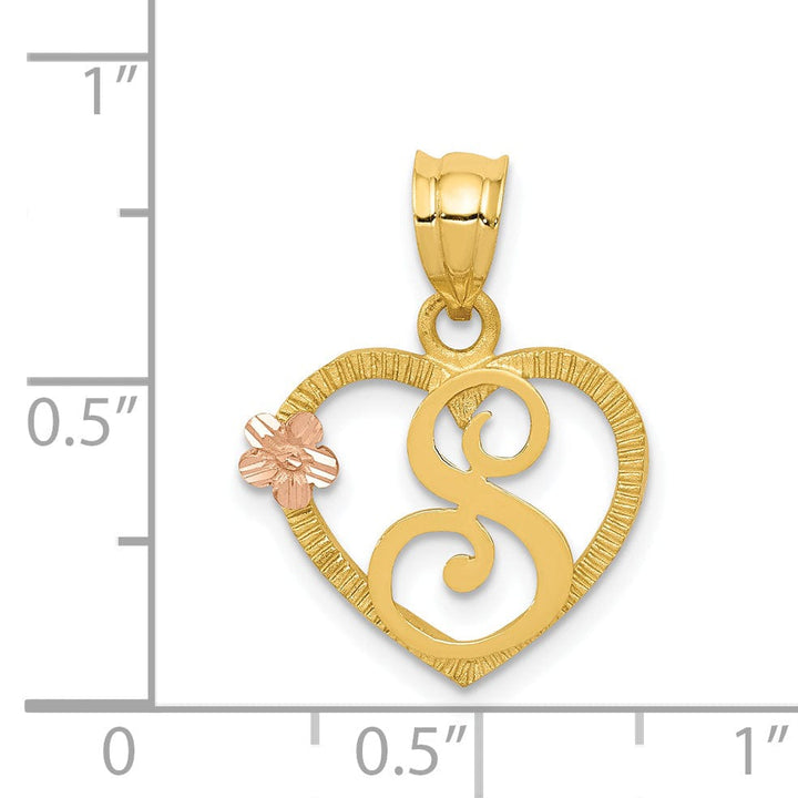 14k Two Tone Gold Heart Flower Design Script Letter S Initial Charm Pendant