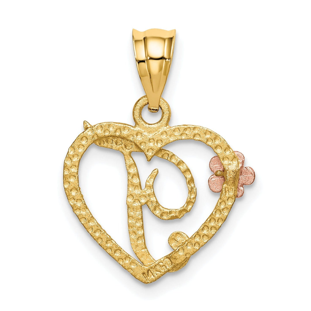 14k Two Tone Gold Heart Flower Design Script Letter T Initial Charm Pendant
