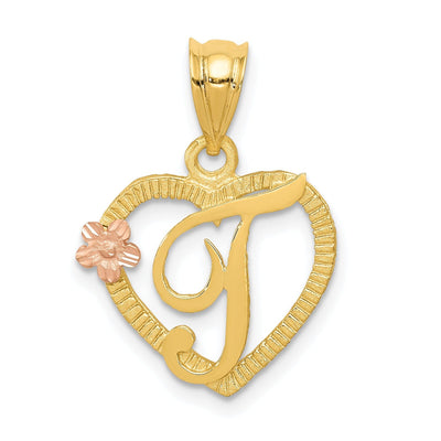 14k Two Tone Gold Heart Flower Design Script Letter T Initial Charm Pendant