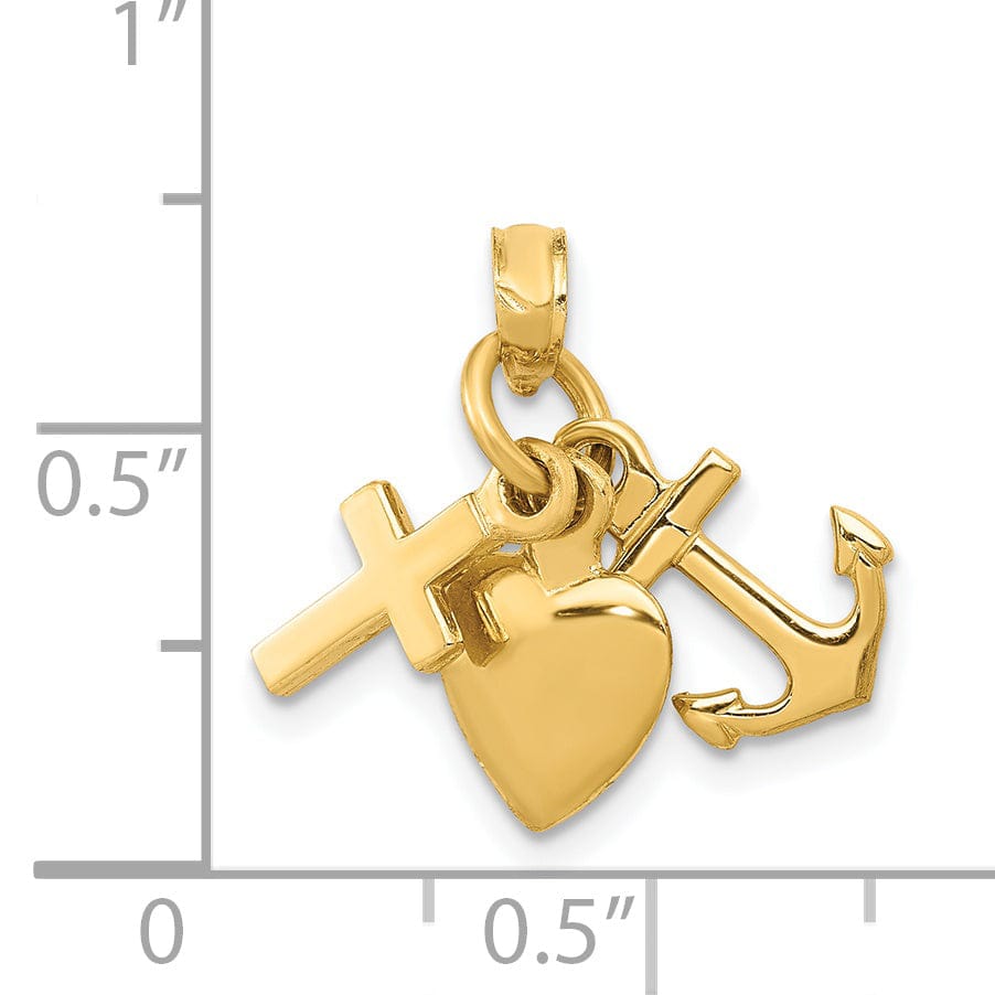 14K Yellow Gold Polished Finish 3-D Faith, Hope And Charity Pendant