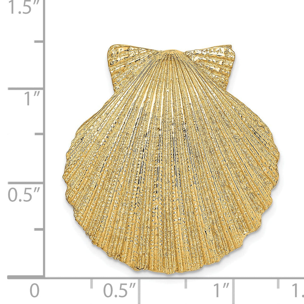 14K Yellow Gold Polished Textured Finish Medium Size Scallop Shell Slide Pendant Fits up to 10mm Fancy Omega
