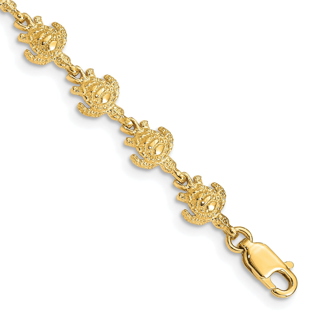 14k Yellow Gold Sea Turtle Bracelet. Polished finish, 7mm width, 7" length