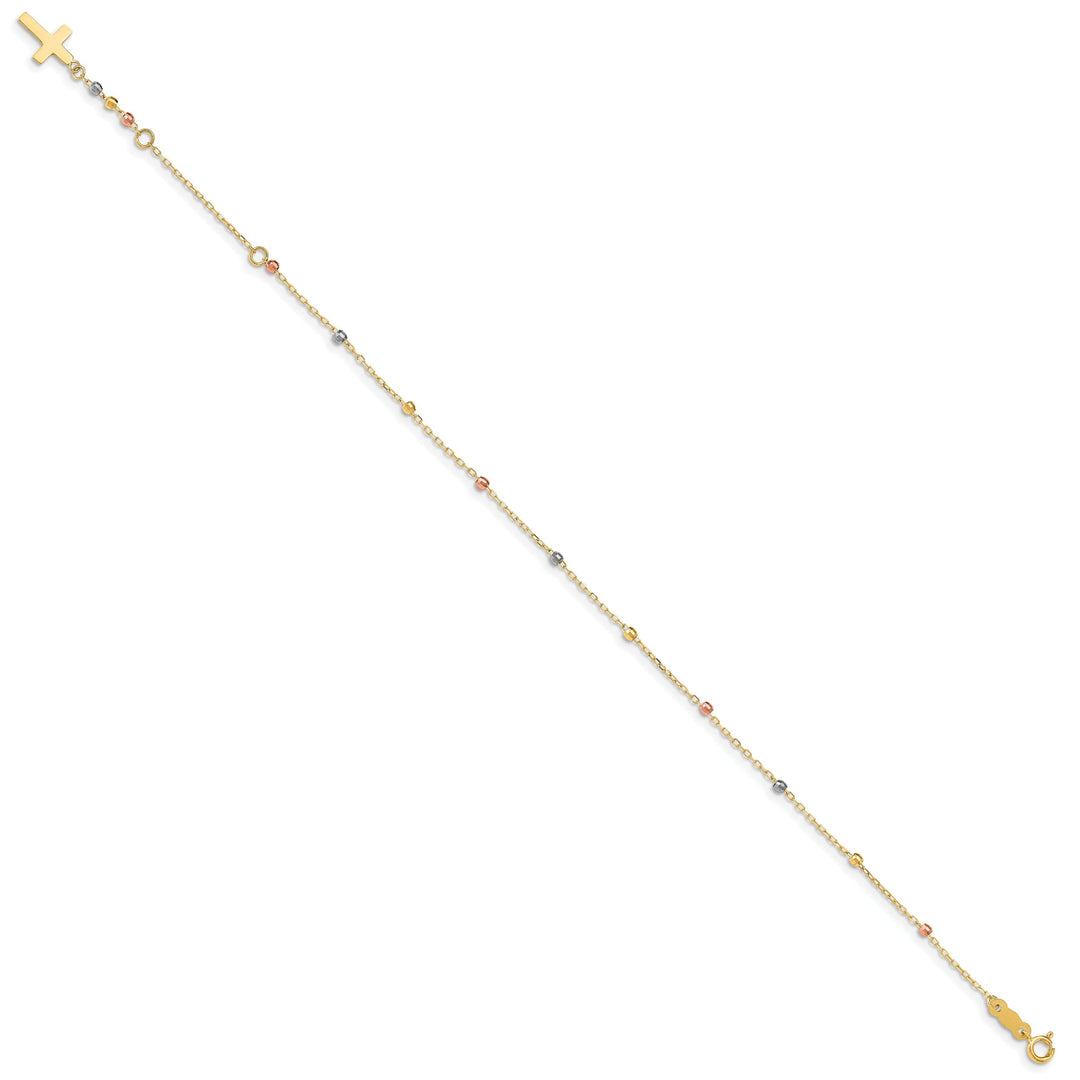14K tri-colored gold bracelet beaded design and cross accent. 7-inch