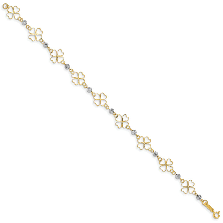 14k two-tone gold 3D clovers beads design7.5-inch, Bracelet 9mm wide