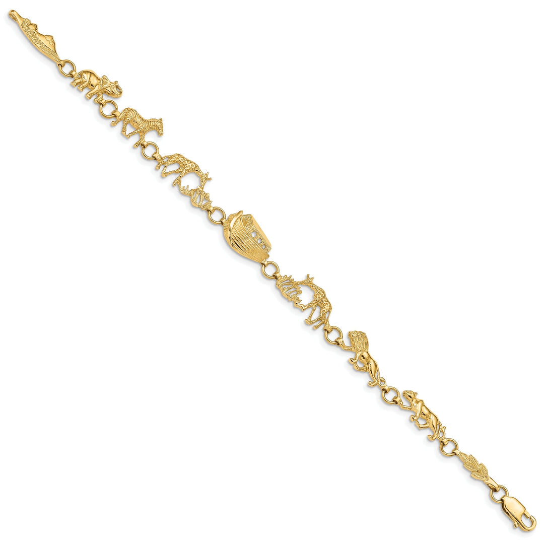 14k yellow gold textured polished finish Noah's Ark design bracelet. 7-inch, solid 9.5-mm wide