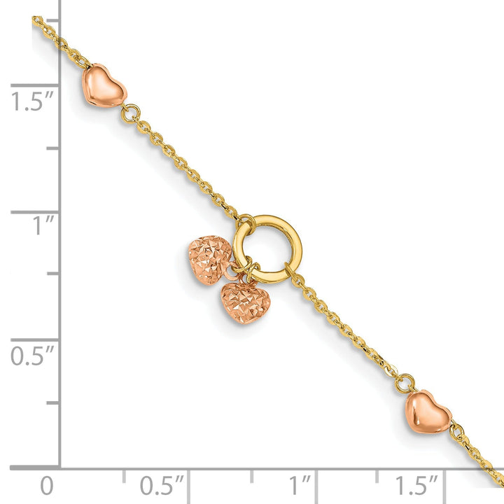 14k two-tone gold diamond-cut bracelet polished heart charms