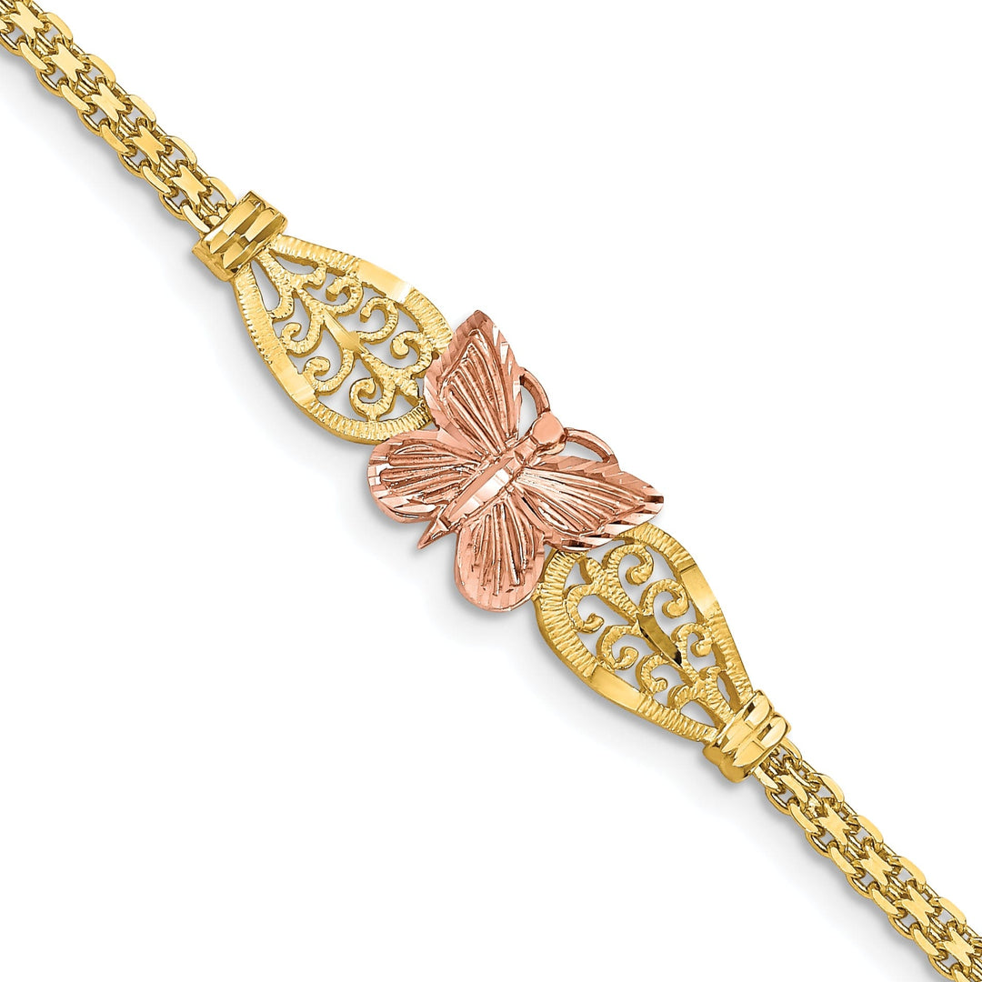 14K two-tone gold butterfly bracelet filigree design 7-inch, 10mm wide