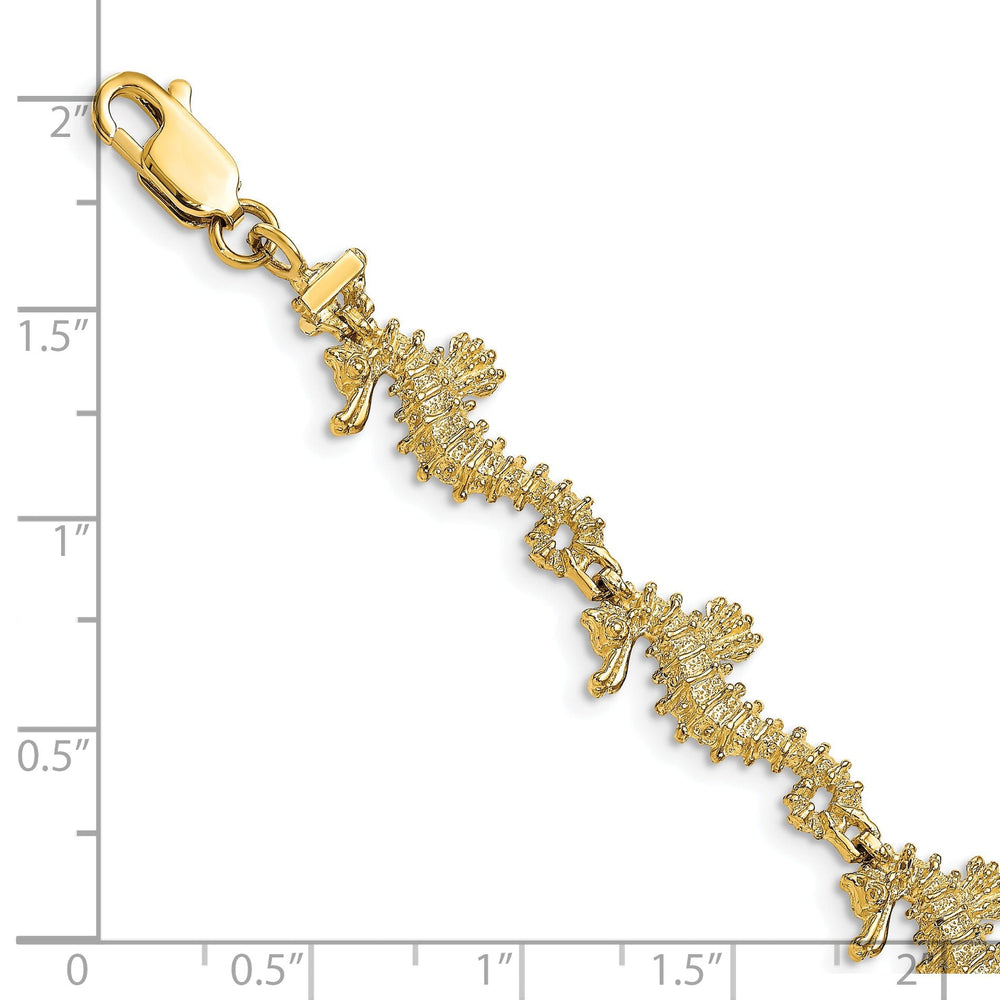 14k yellow gold 3-D seahorse bracelet. Polished finish, 7.5-inch, 11.5-mm wide