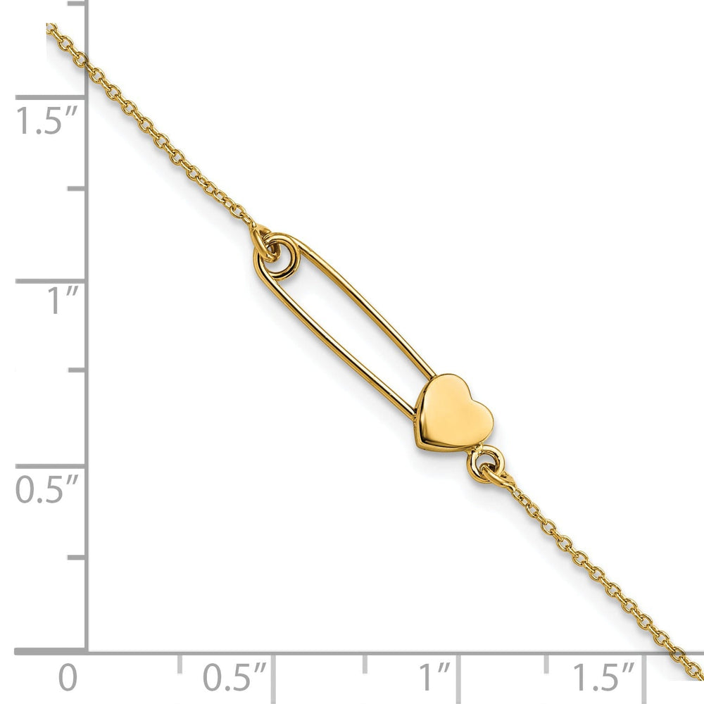 14K yellow gold bracelet safety pin with heart design 7-inch