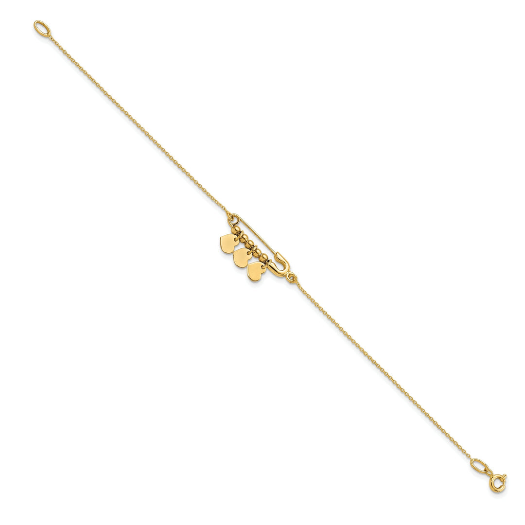 14K yellow gold bracelet safety pin and dangle hearts design