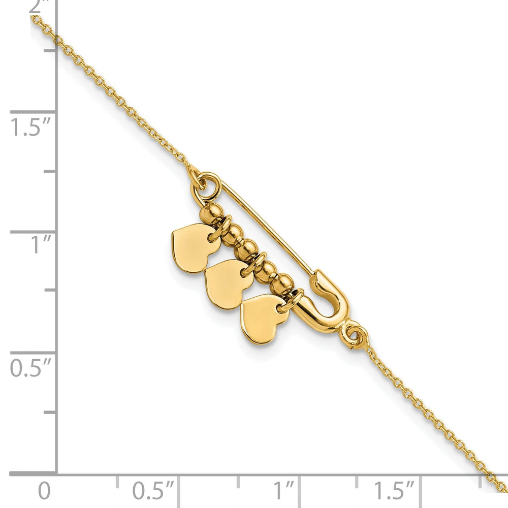 14K yellow gold bracelet safety pin and dangle hearts design