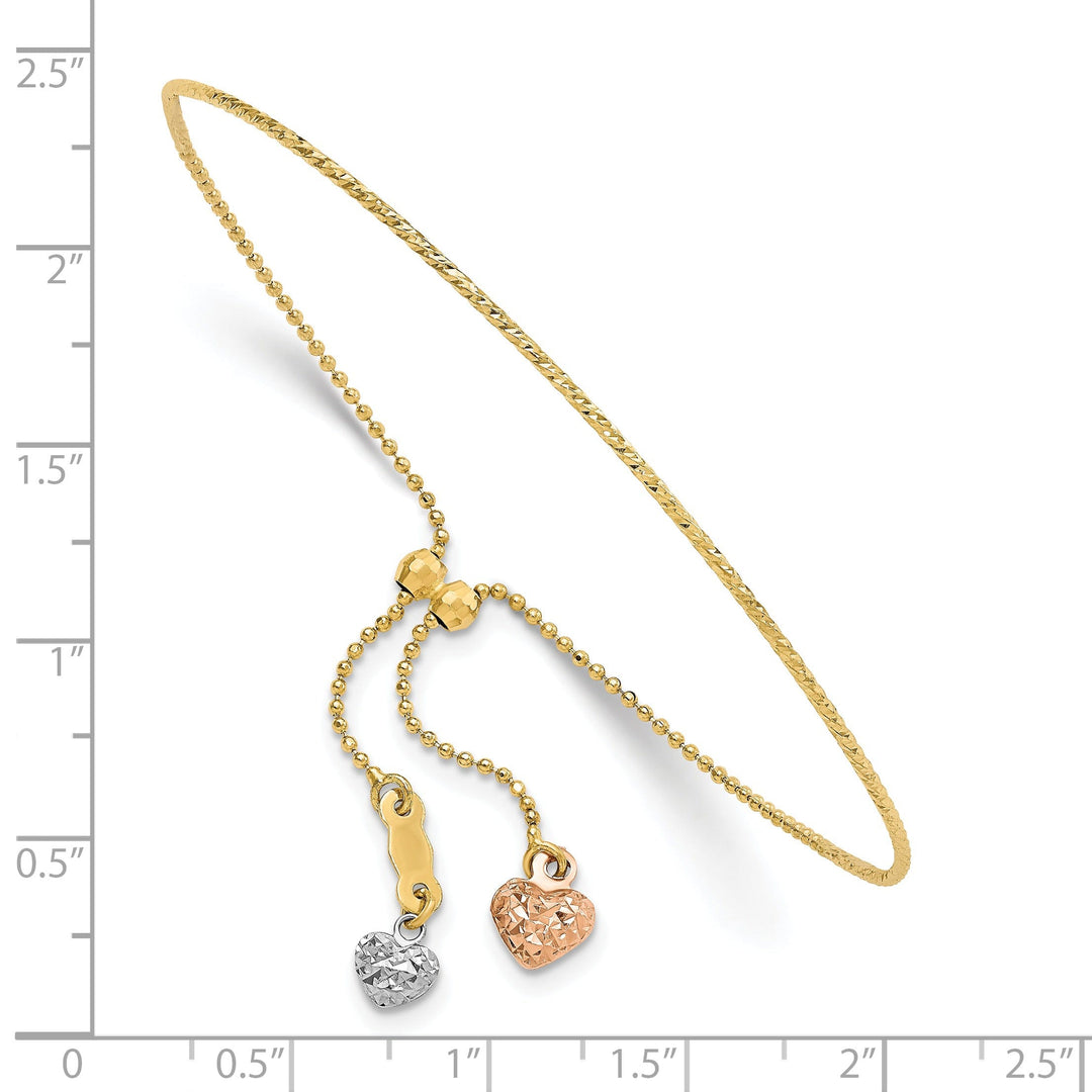 14K Tri-color gold Dangle Heart Adjustable Bracelet
