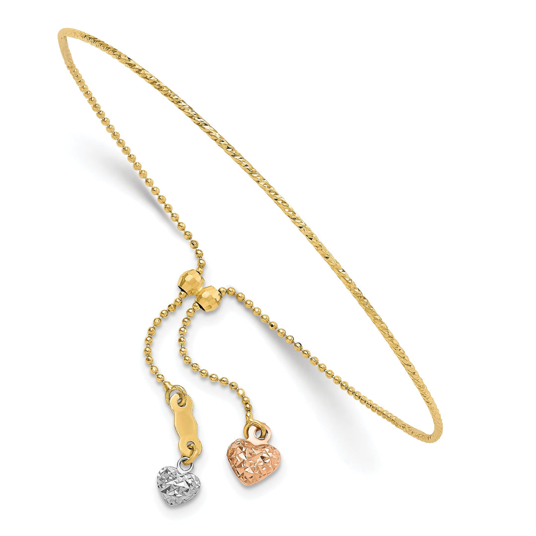 14K Tri-color gold Dangle Heart Adjustable Bracelet